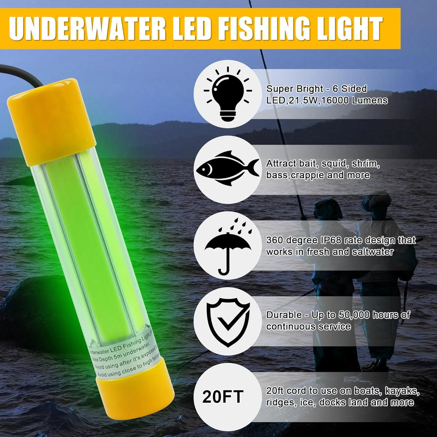 Underwater Fishing Light,Super Bright 16000 Lumens 21.5W 12V-24V Fishing Finder Night Light IP68 Waterproof Super Bright LED Submersible Night Fishing Light with Battery Clamp (Green)