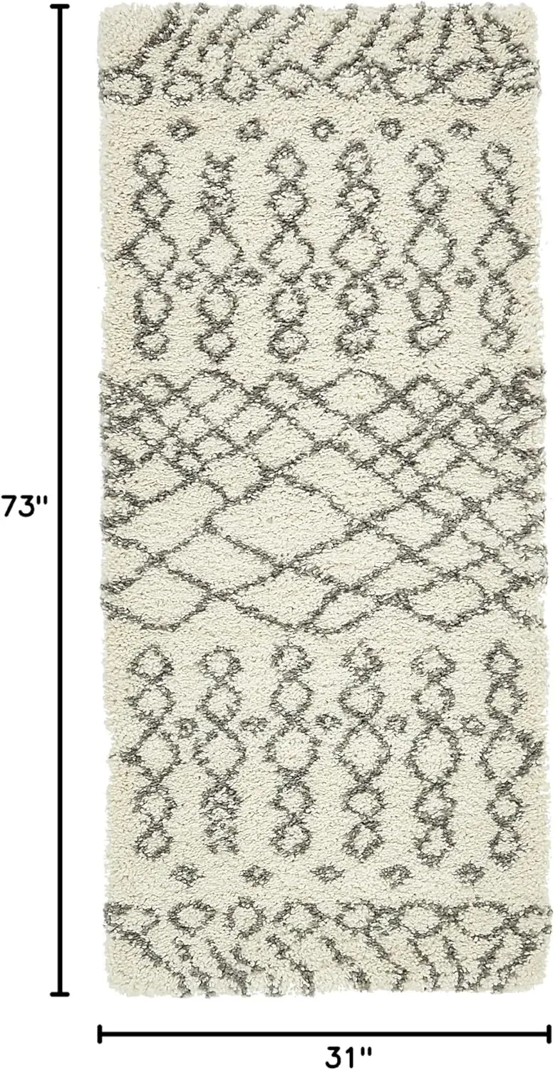 Unique Loom Rabat Shag Collection Area Rug - Geometric (2' 7" x 6' 1" Runner, Pure Ivory/ Gray)