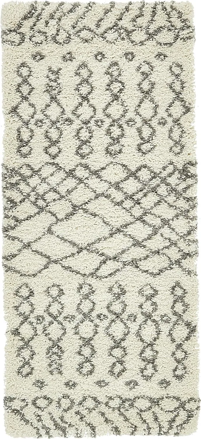 Unique Loom Rabat Shag Collection Area Rug - Geometric (2' 7" x 6' 1" Runner, Pure Ivory/ Gray)