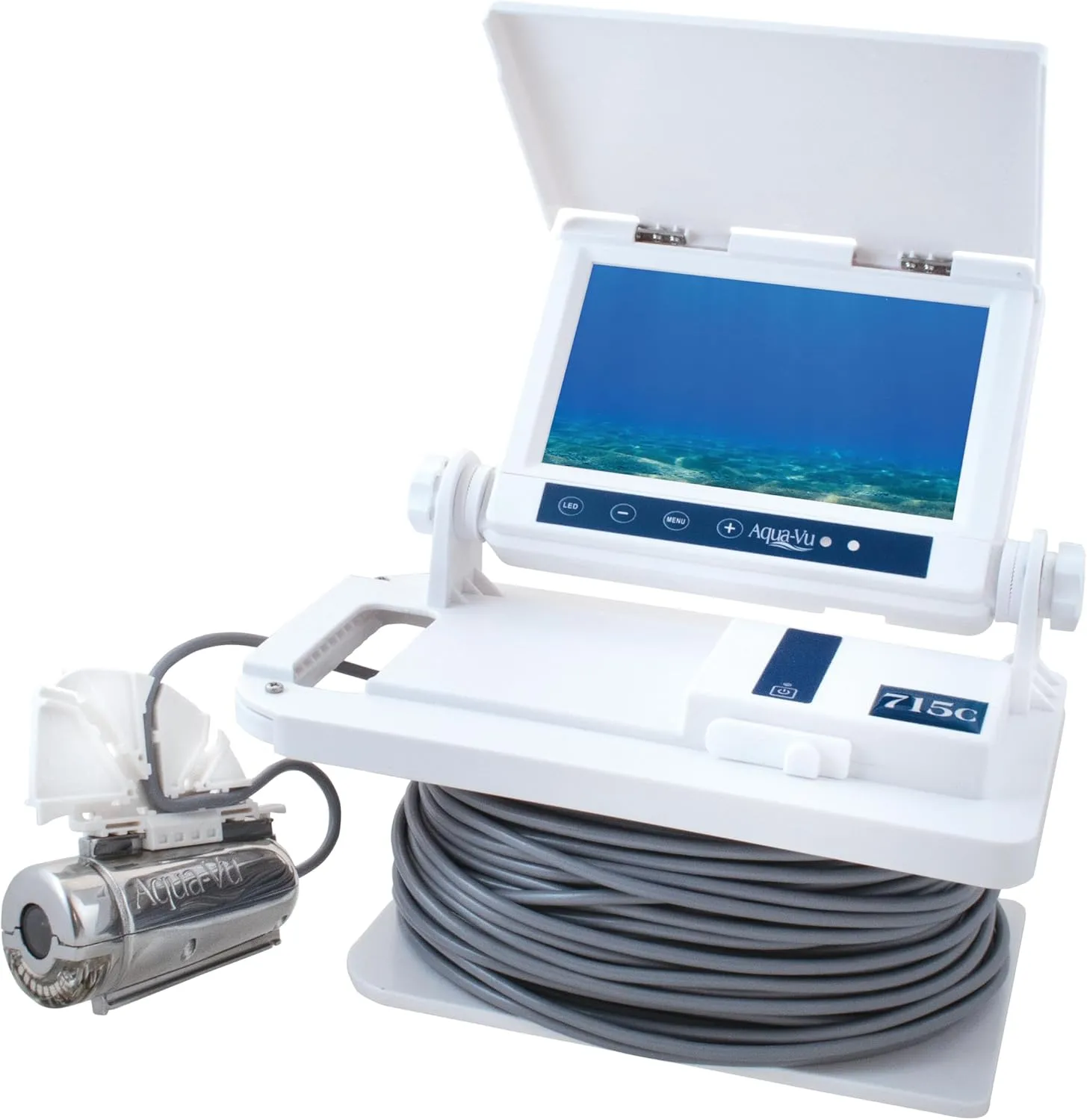 Upgraded Aqua-Vu AV 715C Underwater Fishing Camera – 7" Color Monitor, 75' Cable, White Monitor/Shuttle, Stainless Steel XD Camera, XD Trolling Fin, Sunshield – Ideal for Ice, Saltwater, Freshwater