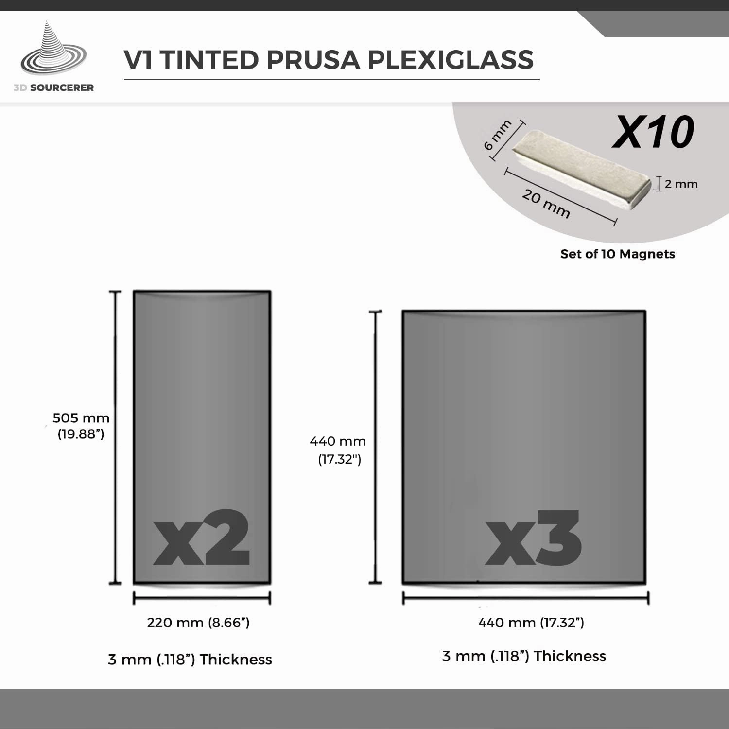 V1 Plexiglass Kit for Prusa Compatible with IKEA Lack V1 3D Printer Enclosure | 3mm 5-Pack Acrylic | Includes Fasteners & Magnets (20x6x2mm) | x3 440x440mm (17.3”x17.3”) & x2 220x440mm (8.65" x17.3”)