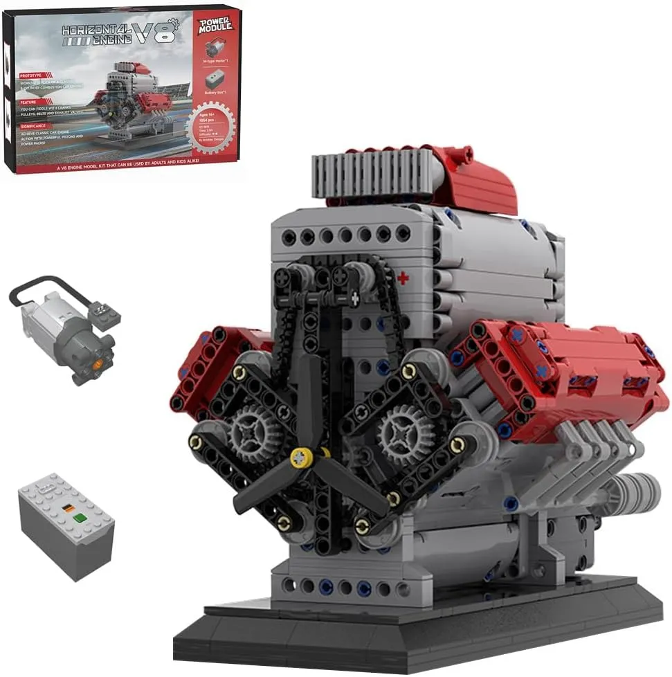 V8 Engine Building Bricks Set with Supercharger and Removable Cover, 1054PCS Crossplane V8 Engine Bricks MOC Display Model for Adults, Mini Engine Blocks That Runs - MOC-171732