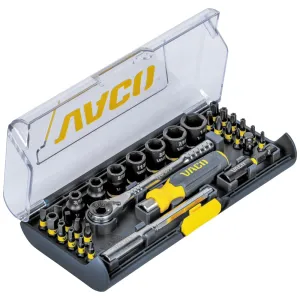 VACO VAC3321 32-Piece Metric Ratcheting Wrench and Socket Set, 1/4-Inch Ratchet, Extension, Adapter, 7 Impact Sockets, 20 Bits, Compact Case