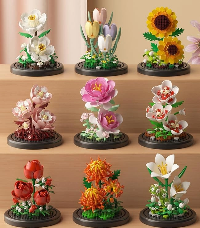 Valentine's Day Gift Assembly Bonsai Flower Miniature Building Block Set with dust Cover, Building Block Flowers, Valentine's Day Creative Gift for her (Sunflower)