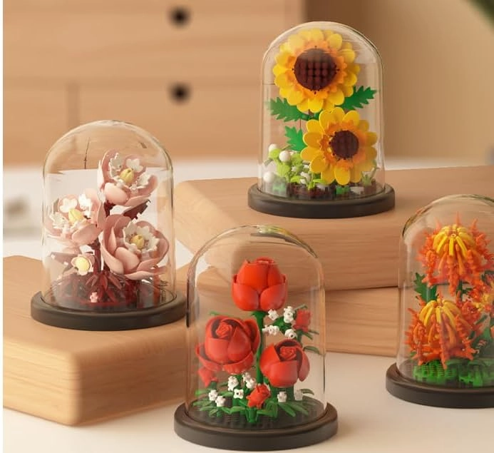Valentine's Day Gift Assembly Bonsai Flower Miniature Building Block Set with dust Cover, Building Block Flowers, Valentine's Day Creative Gift for her (Sunflower)