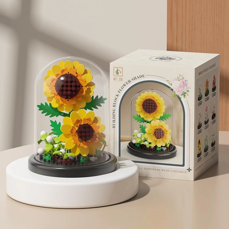 Valentine's Day Gift Assembly Bonsai Flower Miniature Building Block Set with dust Cover, Building Block Flowers, Valentine's Day Creative Gift for her (Sunflower)