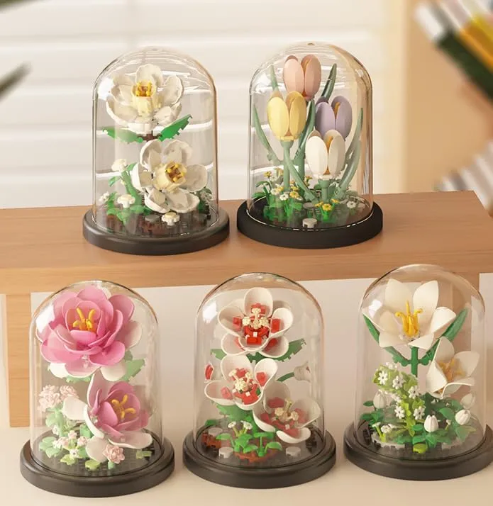 Valentine's Day Gift Assembly Bonsai Flower Miniature Building Block Set with dust Cover, Building Block Flowers, Valentine's Day Creative Gift for her (Peony)