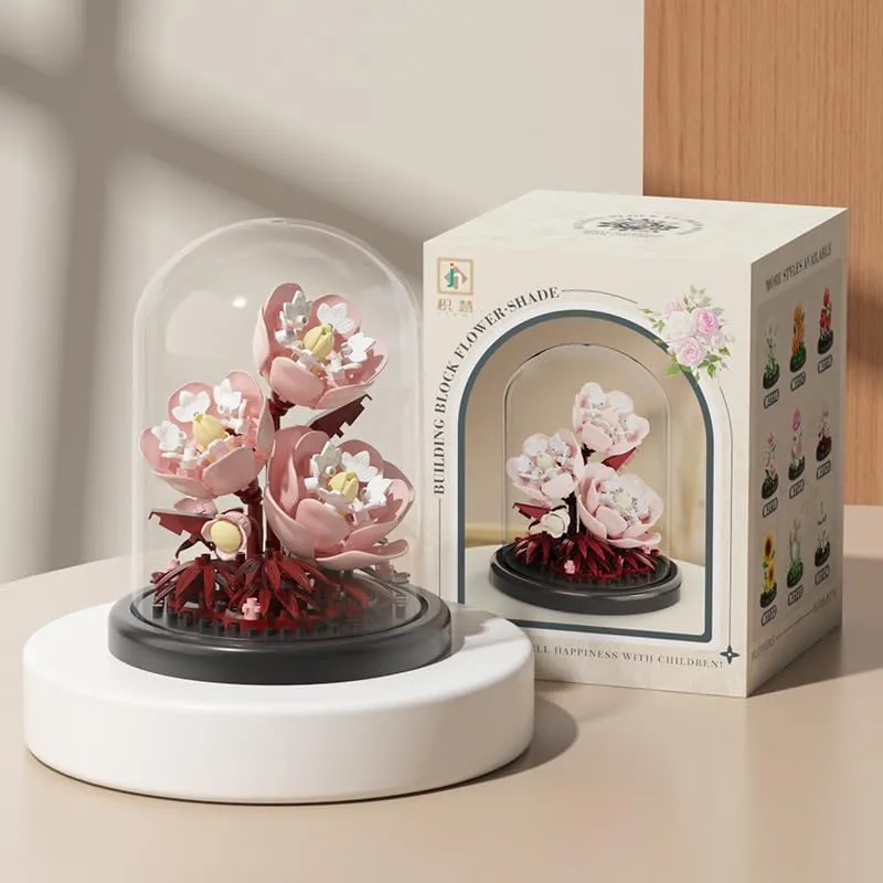 Valentine's Day Gift Assembly Bonsai Flower Miniature Building Block Set with dust Cover, Building Block Flowers, Valentine's Day Creative Gift for her (Peony)