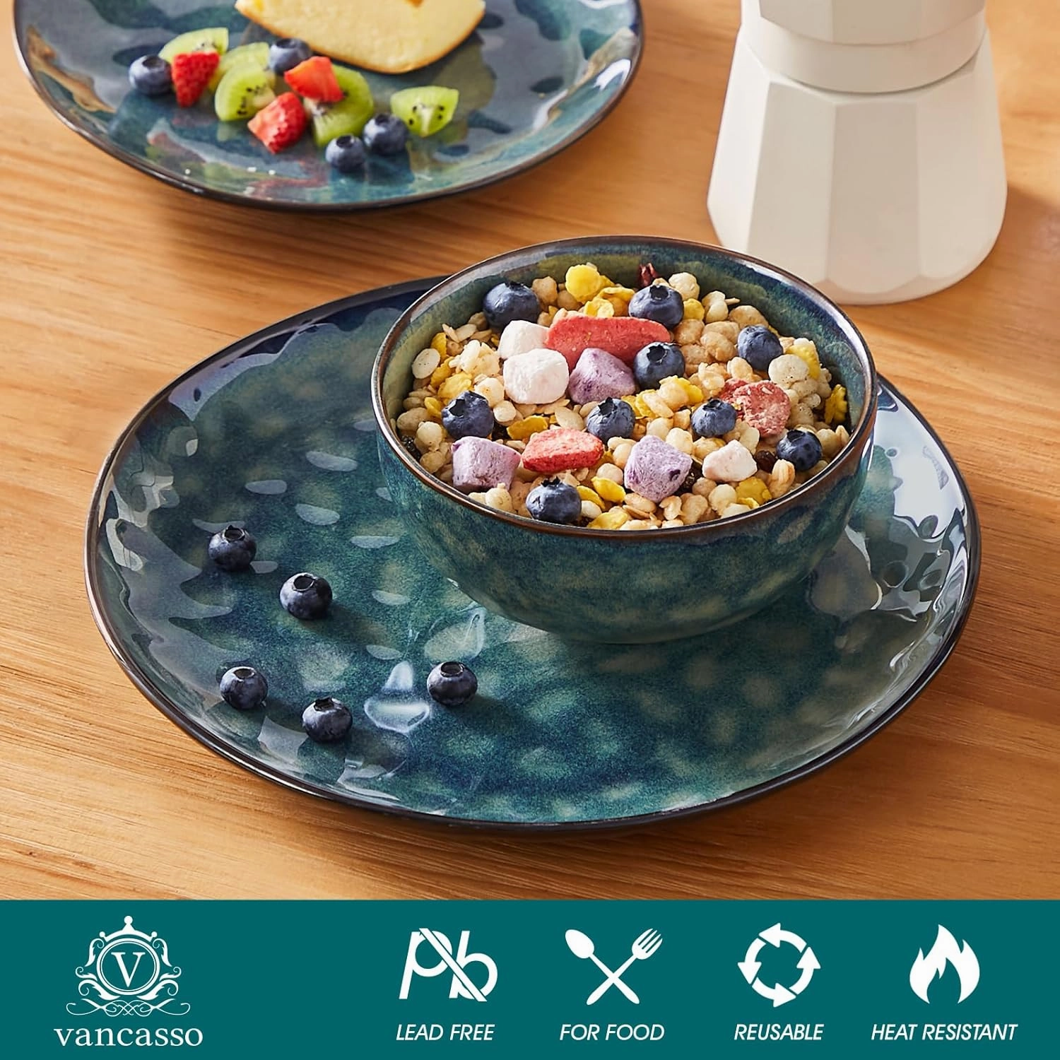 vancasso Starry 12-Pieces Dinnerware Set for 4, Stoneware Plates and Bowls Set Tableware, Dishwasher and Microwave Safe, Green