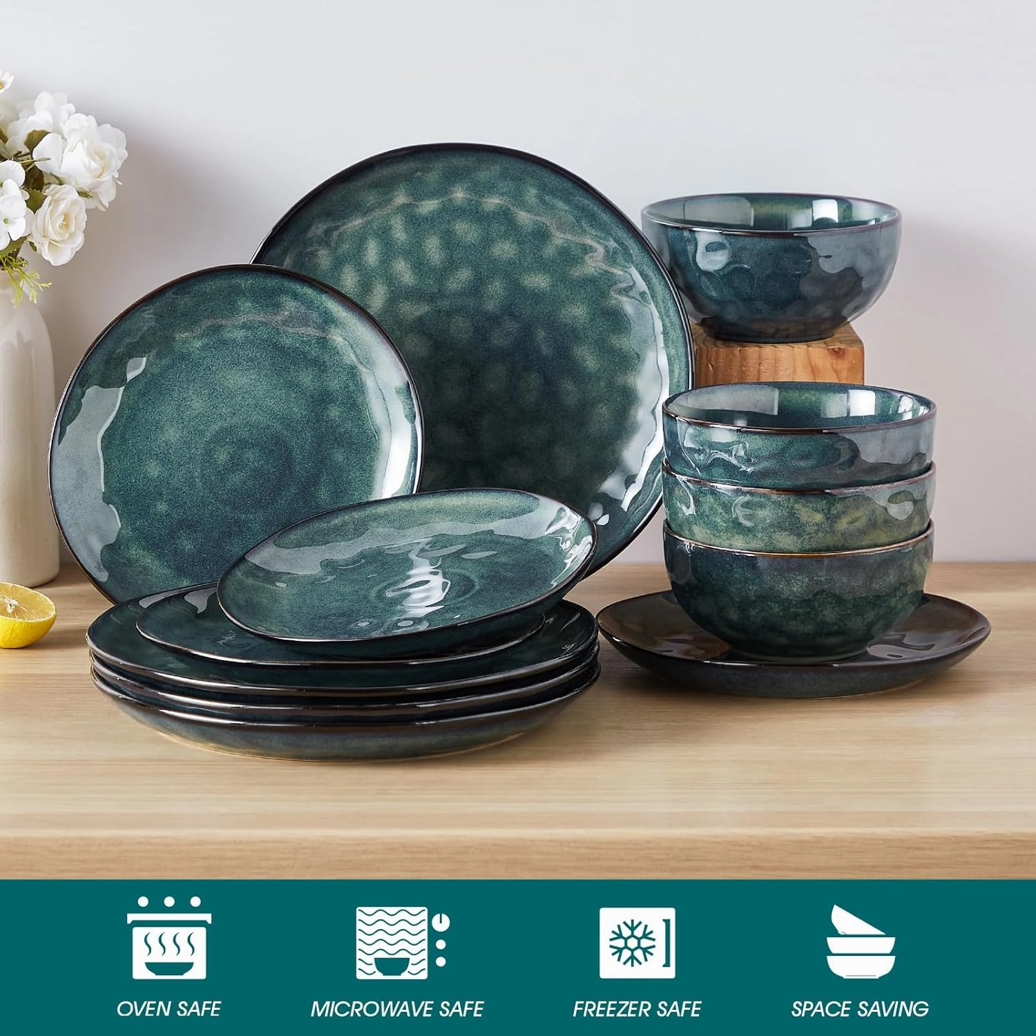 vancasso Starry 12-Pieces Dinnerware Set for 4, Stoneware Plates and Bowls Set Tableware, Dishwasher and Microwave Safe, Green