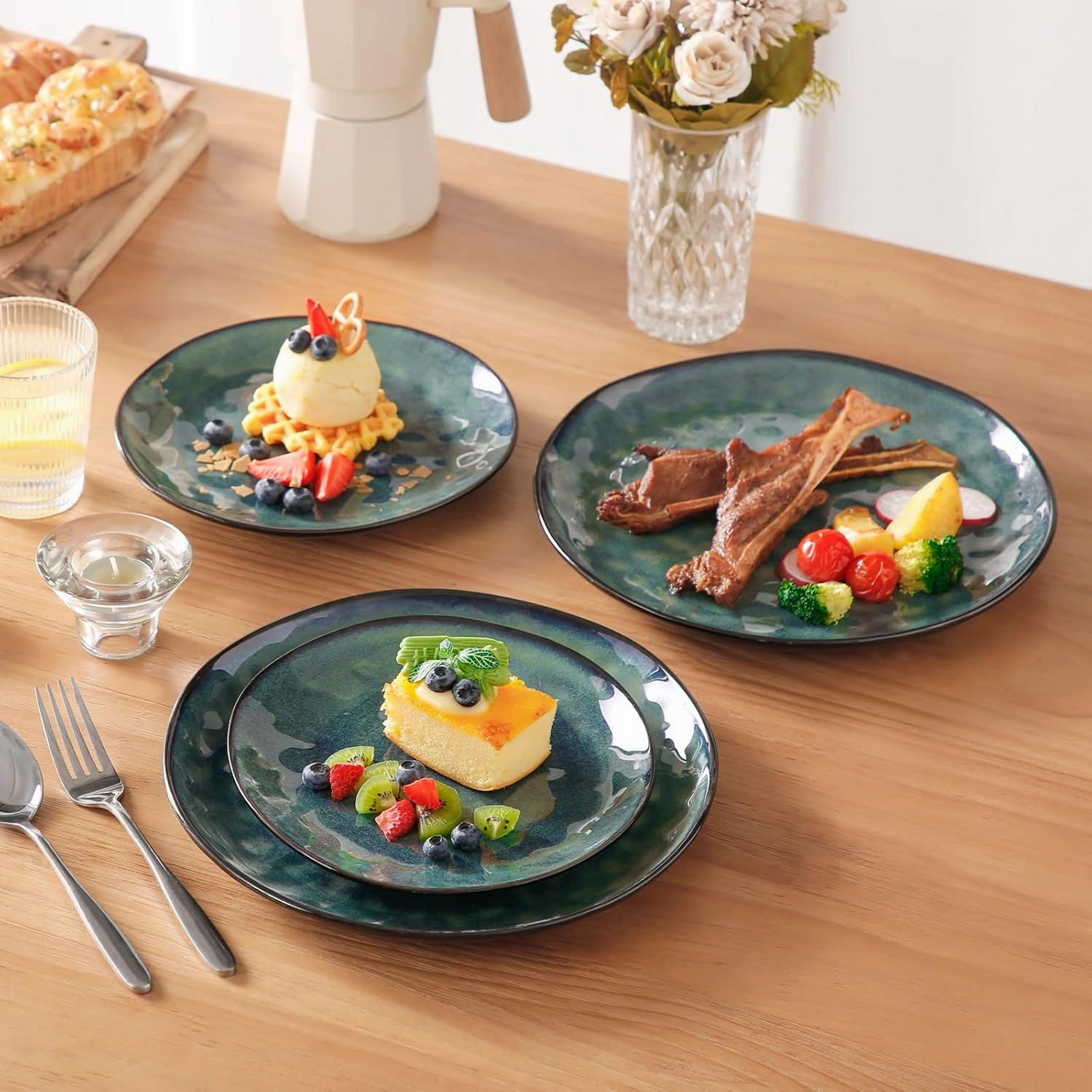 vancasso Starry 12-Pieces Dinnerware Set for 4, Stoneware Plates and Bowls Set Tableware, Dishwasher and Microwave Safe, Green