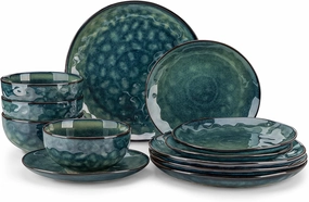 vancasso Starry 12-Pieces Dinnerware Set for 4, Stoneware Plates and Bowls Set Tableware, Dishwasher and Microwave Safe, Green