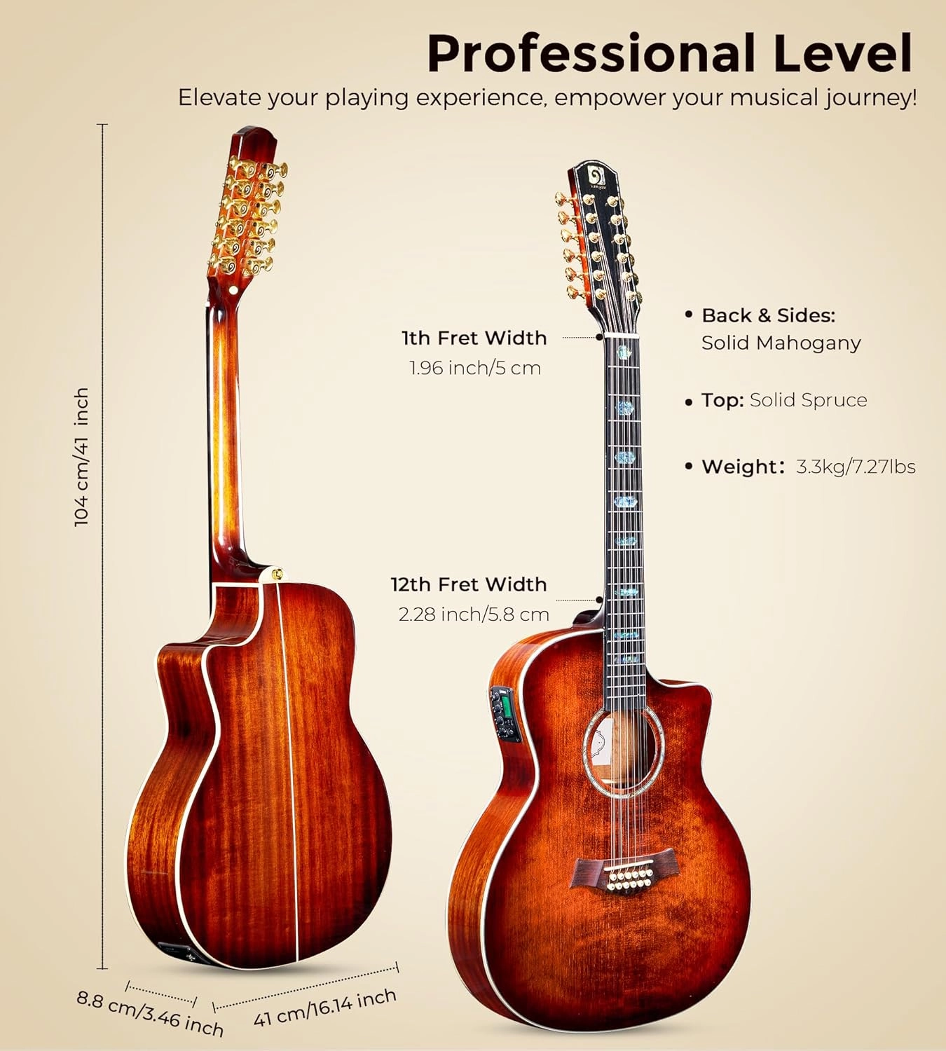 Vangoa 12 String Guitar Solid Wood, Twelve String Acoustic Electric Guitar Kit with Premium Spruce Top, Mahogany Body, Upgraded EQ, Bone Nut, Saddle, Classical Brown