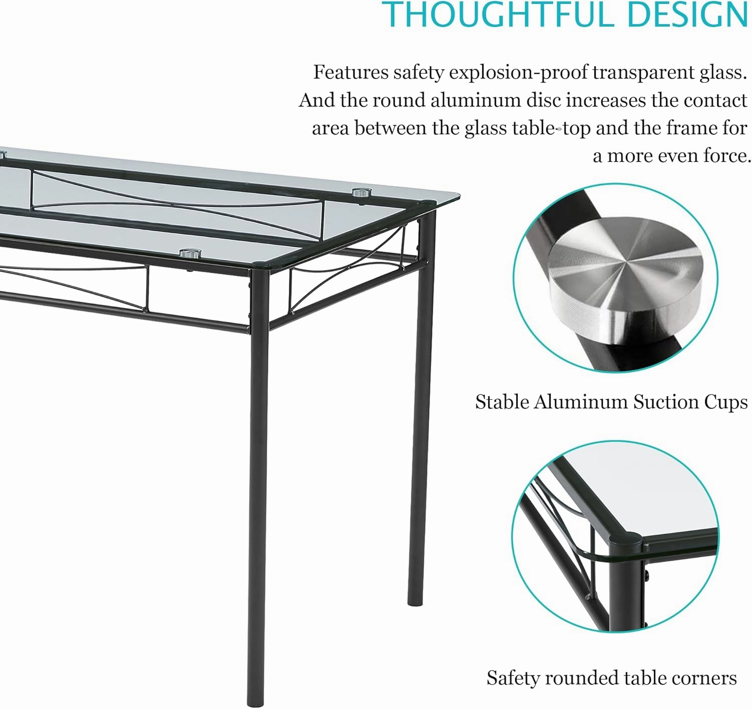 VECELO 5-Piece Kitchen Dining Table Set, Glasses Tabletop & Heavy-Duty Metel Frame, Rectangle Dinette with 4 Chairs for Small Space, Breakfast Nook, Black