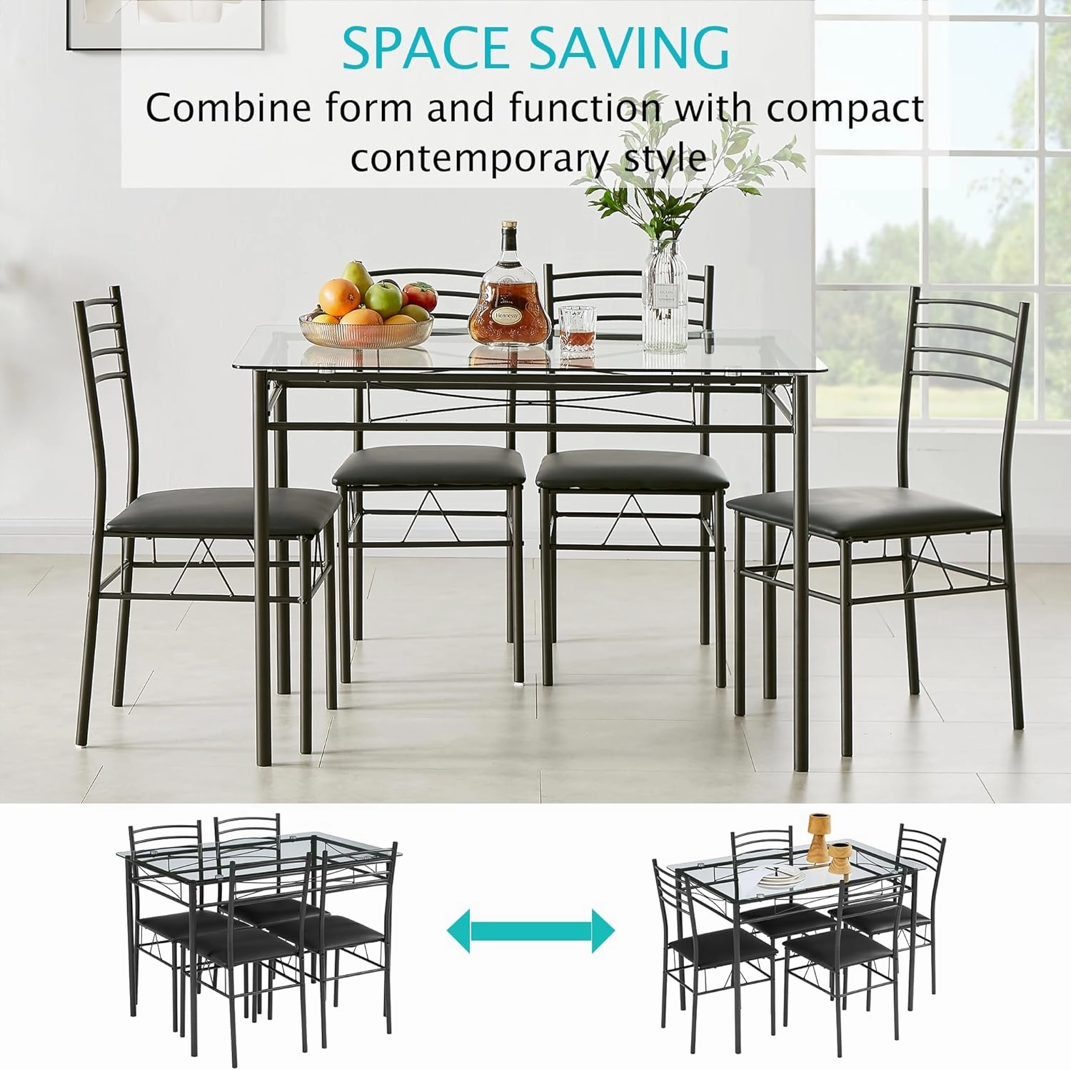 VECELO 5-Piece Kitchen Dining Table Set, Glasses Tabletop & Heavy-Duty Metel Frame, Rectangle Dinette with 4 Chairs for Small Space, Breakfast Nook, Black