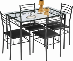VECELO 5-Piece Kitchen Dining Table Set, Glasses Tabletop & Heavy-Duty Metel Frame, Rectangle Dinette with 4 Chairs for Small Space, Breakfast Nook, Black