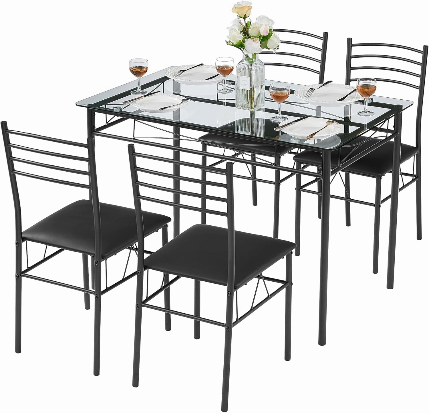 VECELO 5-Piece Kitchen Dining Table Set, Glasses Tabletop & Heavy-Duty Metel Frame, Rectangle Dinette with 4 Chairs for Small Space, Breakfast Nook, Black