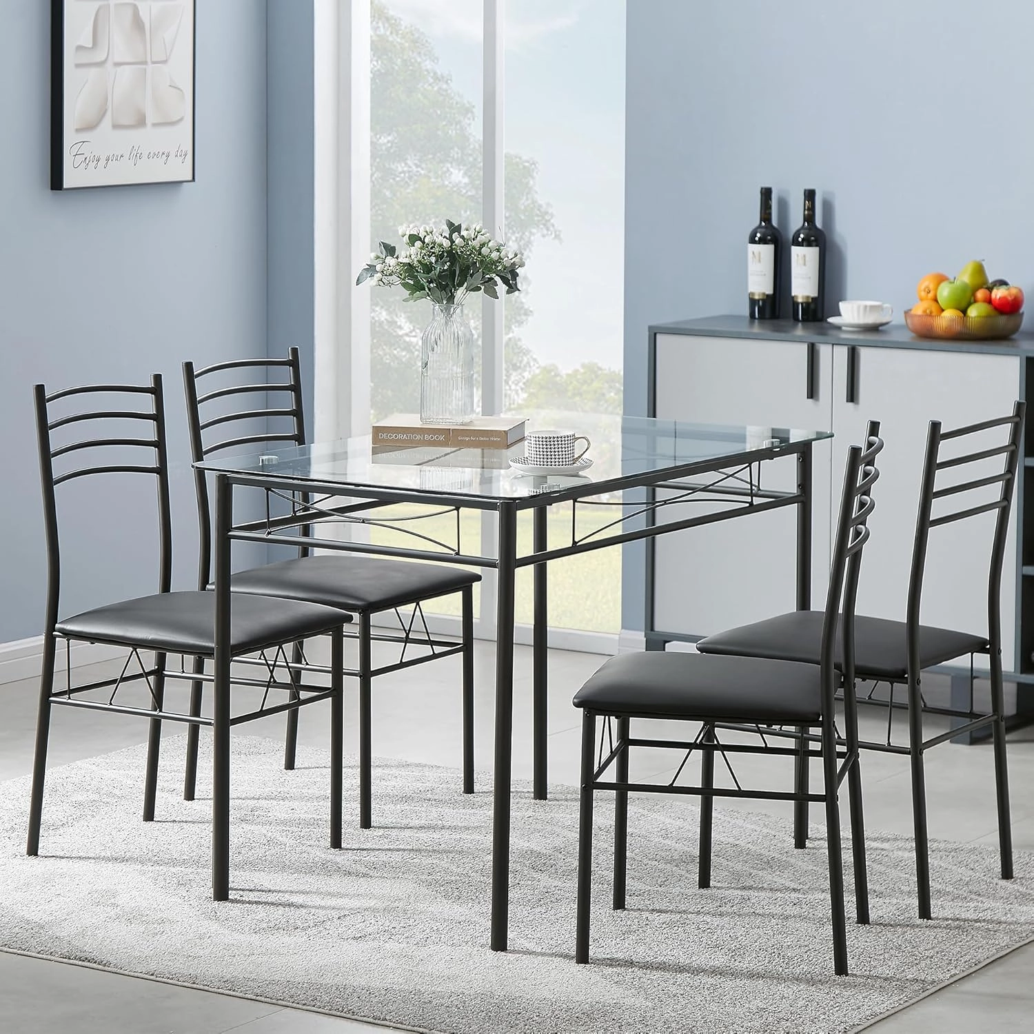VECELO 5-Piece Kitchen Dining Table Set, Glasses Tabletop & Heavy-Duty Metel Frame, Rectangle Dinette with 4 Chairs for Small Space, Breakfast Nook, Black
