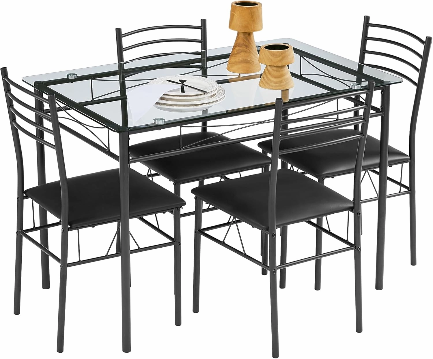 VECELO 5-Piece Kitchen Dining Table Set, Glasses Tabletop & Heavy-Duty Metel Frame, Rectangle Dinette with 4 Chairs for Small Space, Breakfast Nook, Black