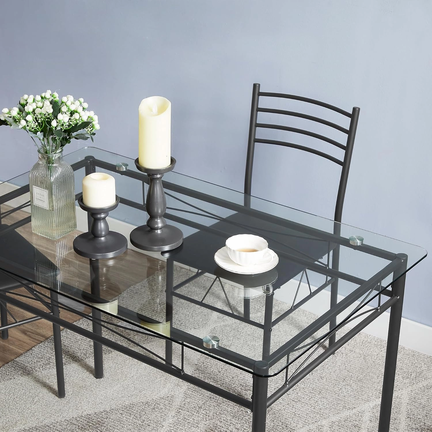 VECELO 5-Piece Kitchen Dining Table Set, Glasses Tabletop & Heavy-Duty Metel Frame, Rectangle Dinette with 4 Chairs for Small Space, Breakfast Nook, Black