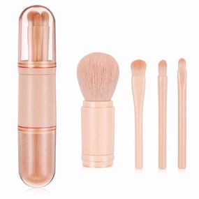 Venzina® 4 in 1 Makeup Brush Set Mini Portable Travel Blending Powder Foundation Brush, Lip Brush, Highlight Brush, Eyeshadow Brush, Retractable Facial Cosmetic Brush Kit, Nude