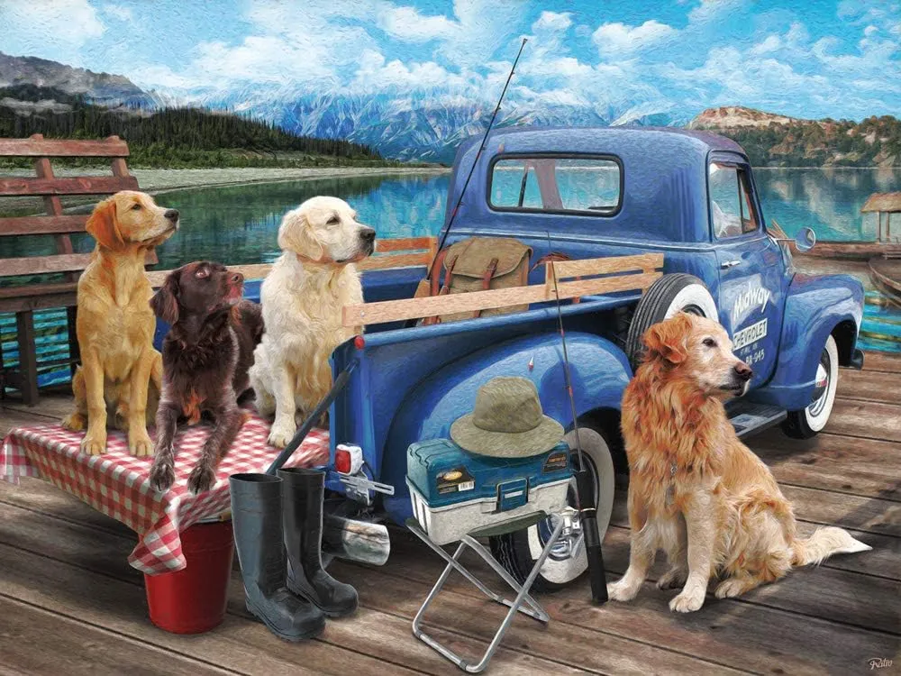 Vermont Christmas Company Dogs Gone Fishing Jigsaw Puzzle - 550 Piece Dog Puzzle for Adults & Families - Cute Puzzles of Dogs with Durable, Fully Interlocking & Randomly Shaped Pieces (24" x 18")