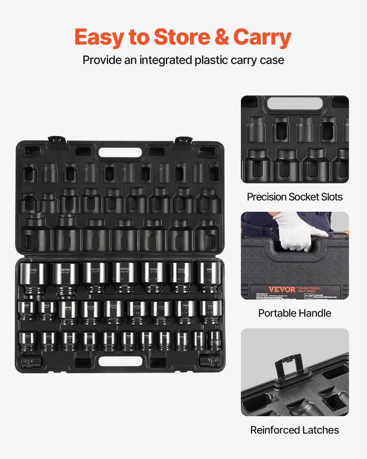 VEVOR Impact Socket Set 3/4 Inches 29 Piece Impact Sockets, 6-Point Sockets, Rugged Construction, CR-M0, 3/4 Inches Drive Socket Set Impact SAE 3/4 inch - 2-1/2 inch, with a Storage Cage