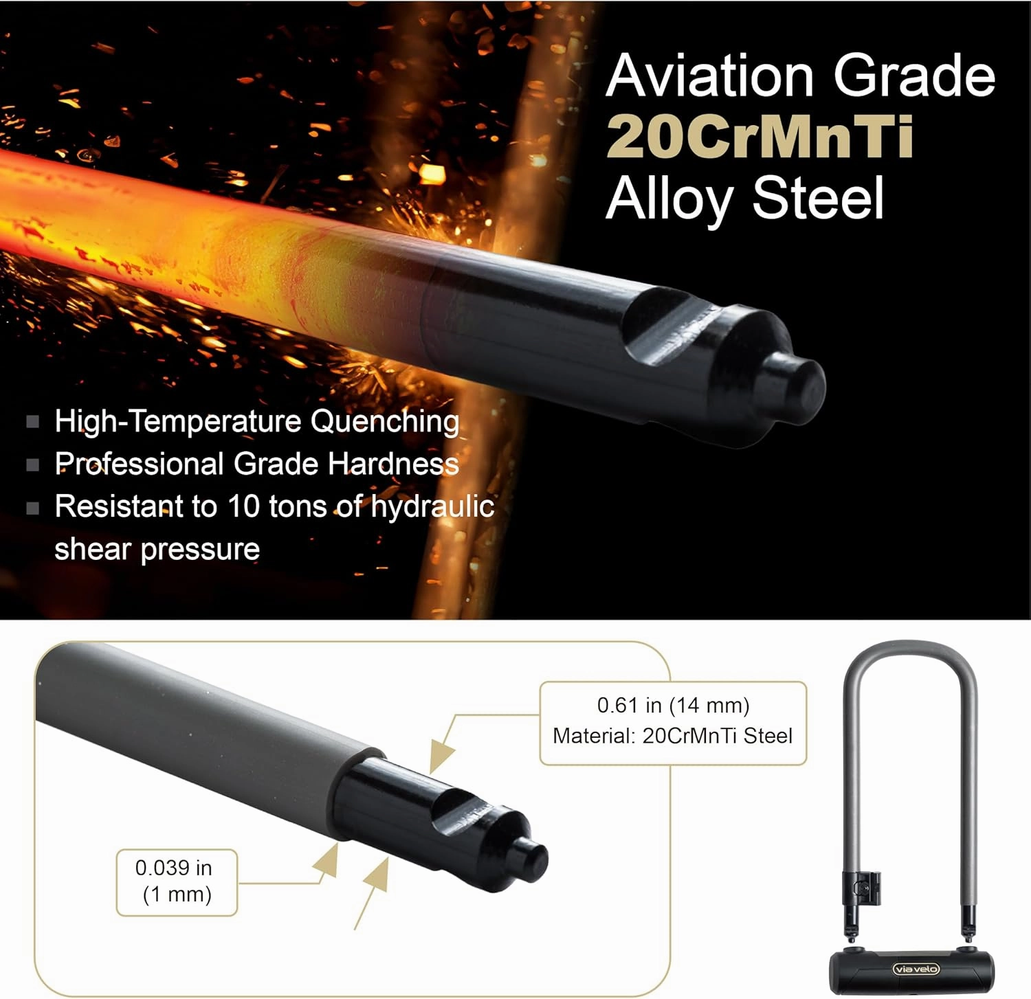 Via Velo Bike U Lock with Cable | Pro U Lock 20 CrMnTi Steel 15mm Shackle with Bracket Inside Size:9.6 x 3.5 in Sold Secure Gold Approval for Road Mountain Electric, Folding Bikes Scooter