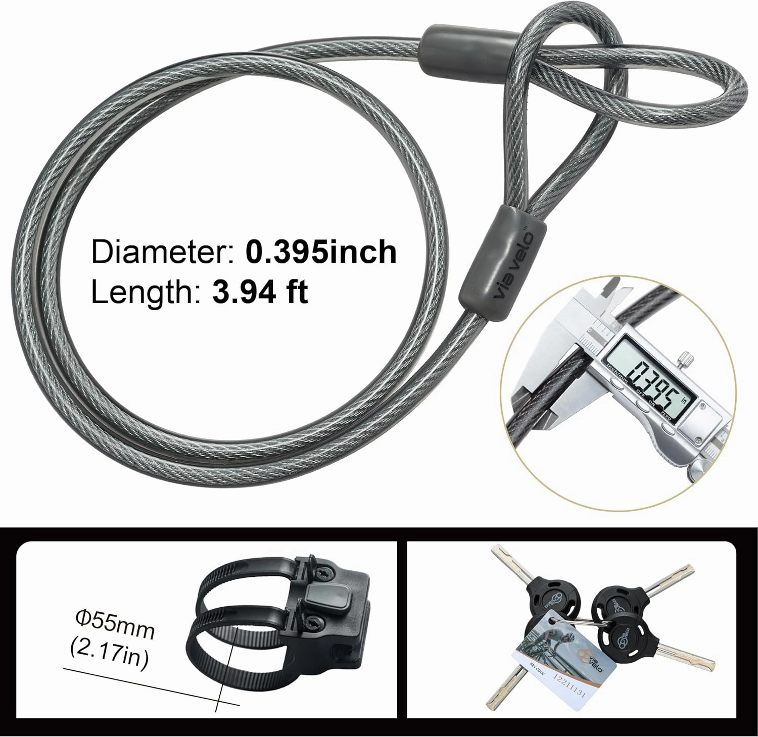 Via Velo Bike U Lock with Cable | Pro U Lock 20 CrMnTi Steel 15mm Shackle with Bracket Inside Size:9.6 x 3.5 in Sold Secure Gold Approval for Road Mountain Electric, Folding Bikes Scooter