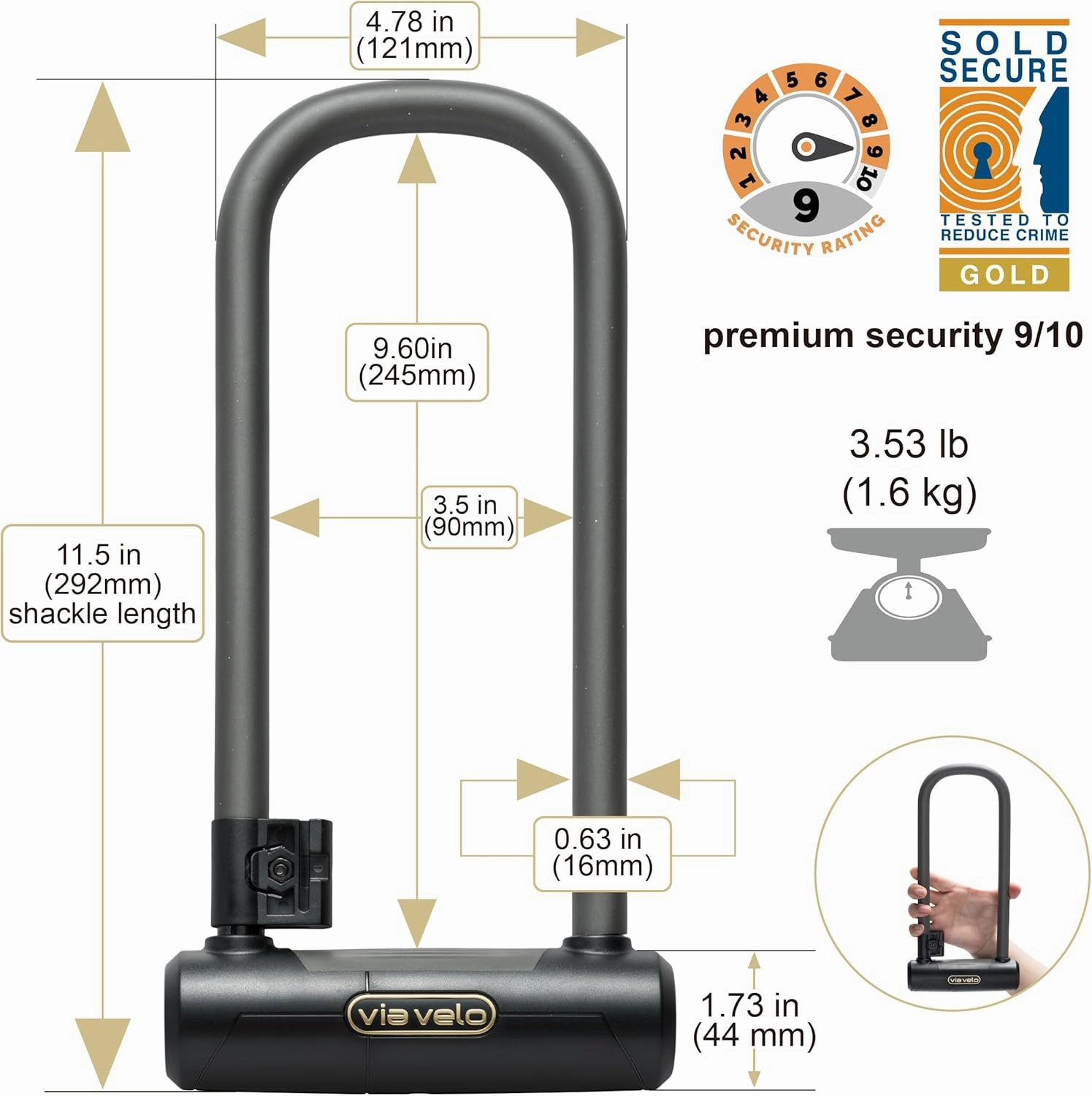 Via Velo Bike U Lock with Cable | Pro U Lock 20 CrMnTi Steel 15mm Shackle with Bracket Inside Size:9.6 x 3.5 in Sold Secure Gold Approval for Road Mountain Electric, Folding Bikes Scooter