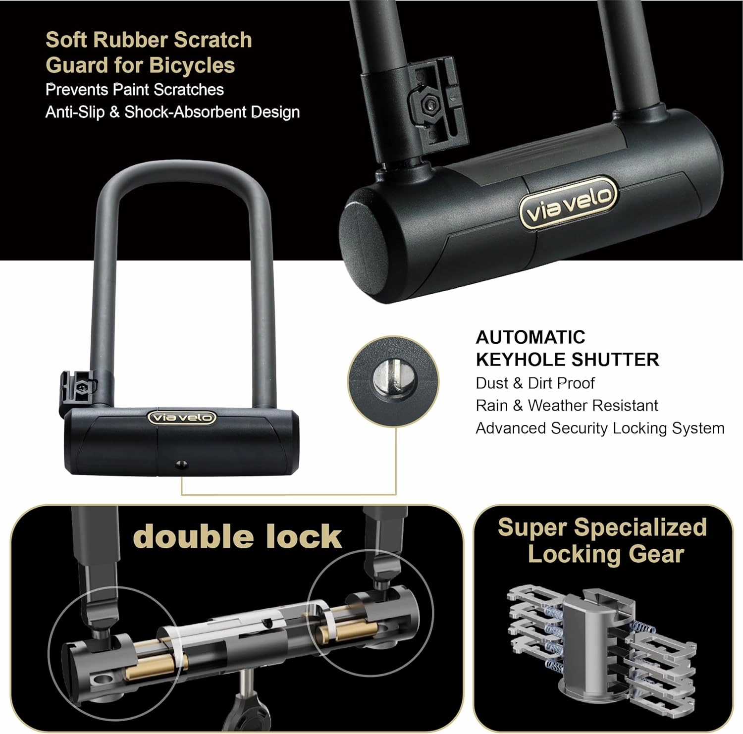 Via Velo Bike U Lock with Cable | Pro U Lock 20 CrMnTi Steel 15mm Shackle with Bracket Inside Size:9.6 x 3.5 in Sold Secure Gold Approval for Road Mountain Electric, Folding Bikes Scooter