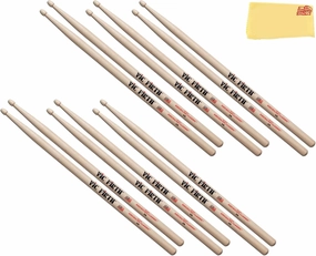 Vic Firth American Classic 5A Wood-Tipped Drumsticks - 6 Pack with Austin Bazaar Polishing Cloth