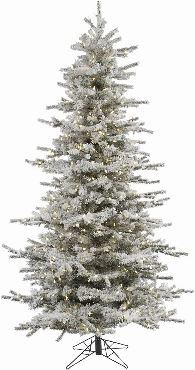 Vickerman 6.5' Tall Flocked Sierra Fir Slim Artificial Christmas Tree, Pure White LED Dura-Lit Lights - Snow Covered Faux Tree - Seasonal Indoor Home Decor