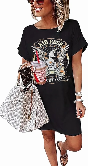 Vintage Rock Country Music Dress for Women Rock Concert Band Graphic Tshirt Casual Letter Print Short Dress