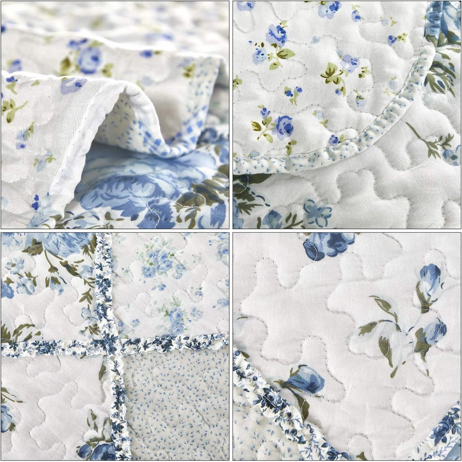 VIVILINEN Blue Floral Patchwork Quilt Set, Full Queen Size, 3 Piece Bedding Set with 2 Pillowcases