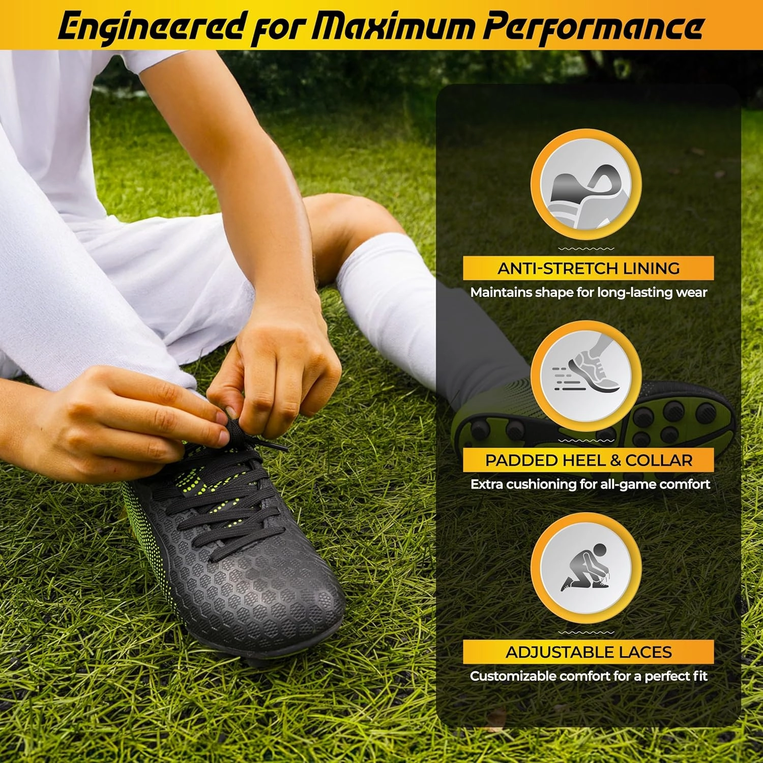 Vizari Stealth Firm Ground Soccer Cleats - Lightweight, Durable & Comfortable Youth Soccer Cleats with Excellent Traction - Boys Soccer Shoes with Padded Heel & Anti-Stretch Lining