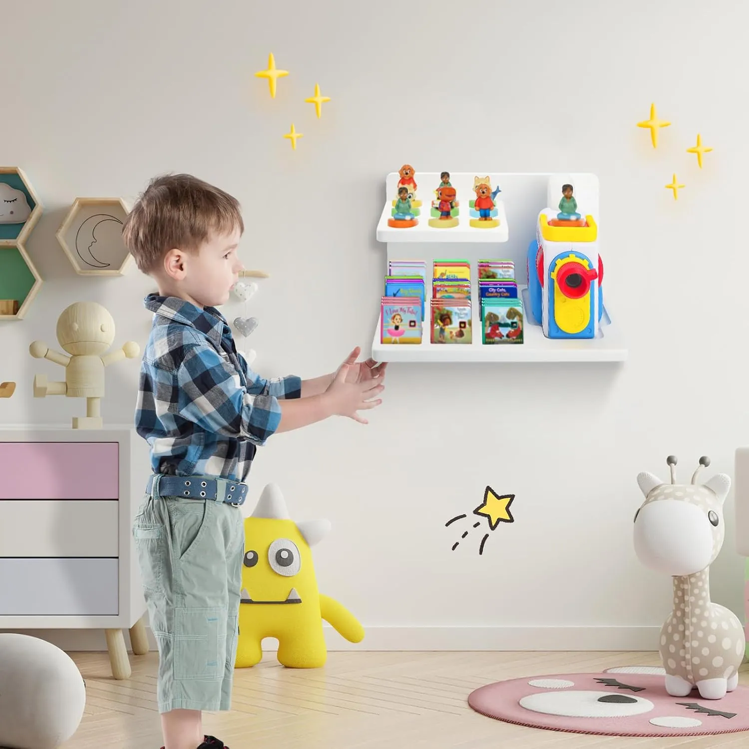 Wall Shelf Compatible with Little Tikes for Story Dream Machine Books Starter Set, for Little Tikes for Storytime Audio Play Real for Littles Character Storage Floating Shelves Blue (White)