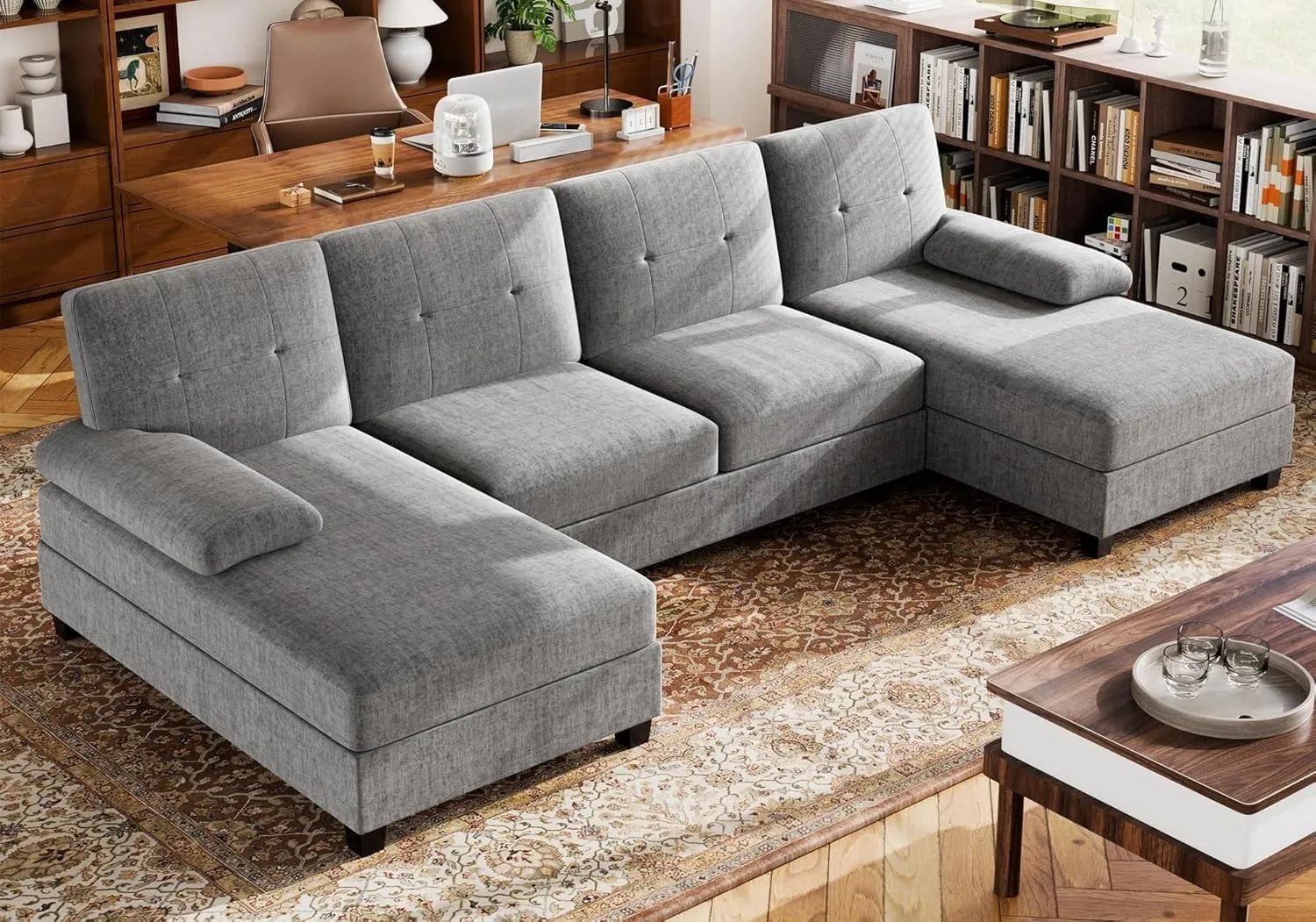 Walsunny Sectional Couches for Living Room, Convertible U-Shaped Sofa Couch with Double Chaise, 4 Seat Sofa Set Modular Sectional Sofa for Living Room, Apartment, Bedroom, Grey