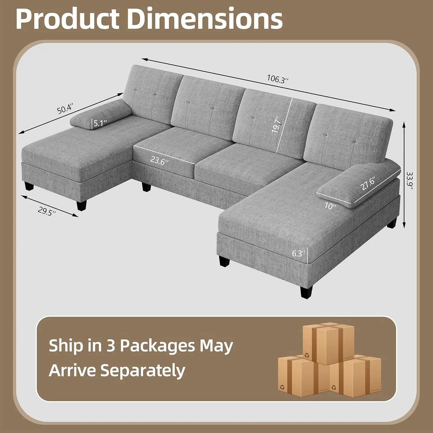 Walsunny Sectional Couches for Living Room, Convertible U-Shaped Sofa Couch with Double Chaise, 4 Seat Sofa Set Modular Sectional Sofa for Living Room, Apartment, Bedroom, Grey