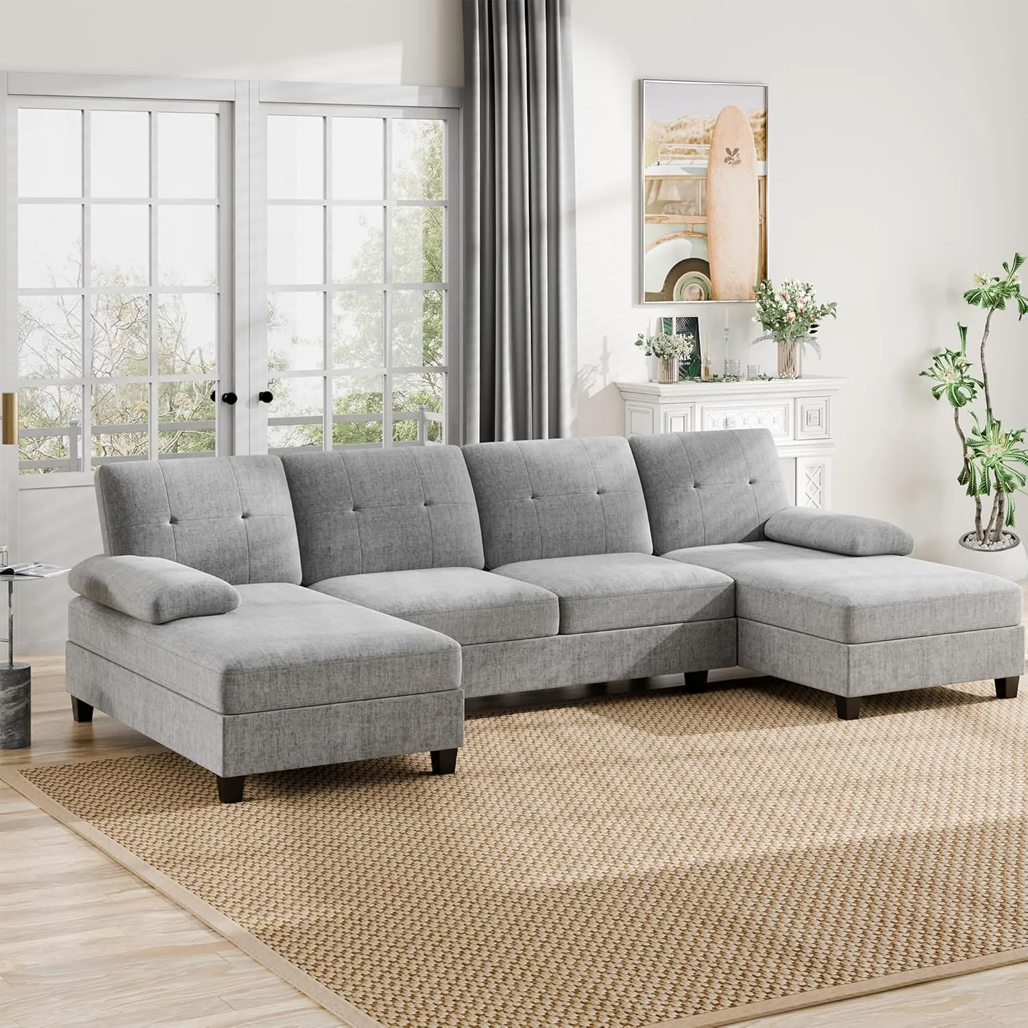 Walsunny Sectional Couches for Living Room, Convertible U-Shaped Sofa Couch with Double Chaise, 4 Seat Sofa Set Modular Sectional Sofa for Living Room, Apartment, Bedroom, Grey