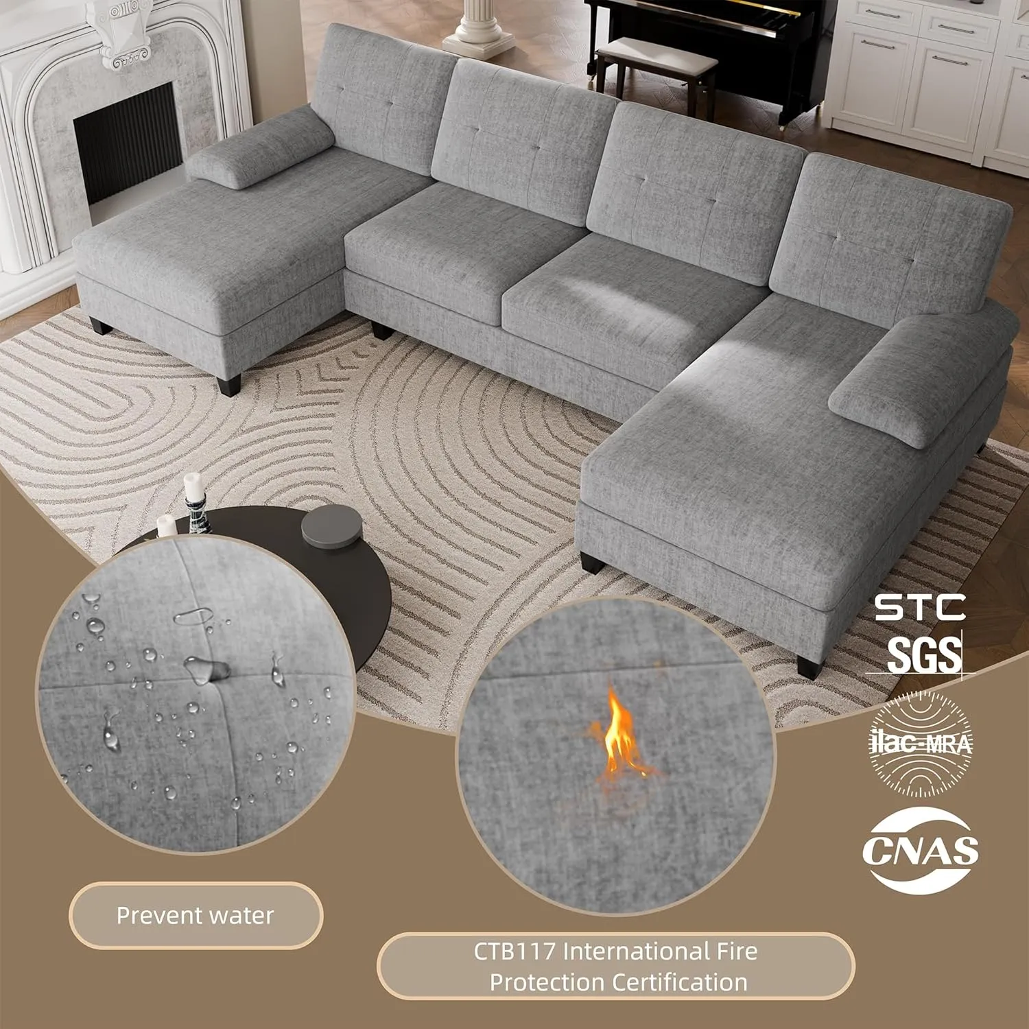 Walsunny Sectional Couches for Living Room, Convertible U-Shaped Sofa Couch with Double Chaise, 4 Seat Sofa Set Modular Sectional Sofa for Living Room, Apartment, Bedroom, Grey