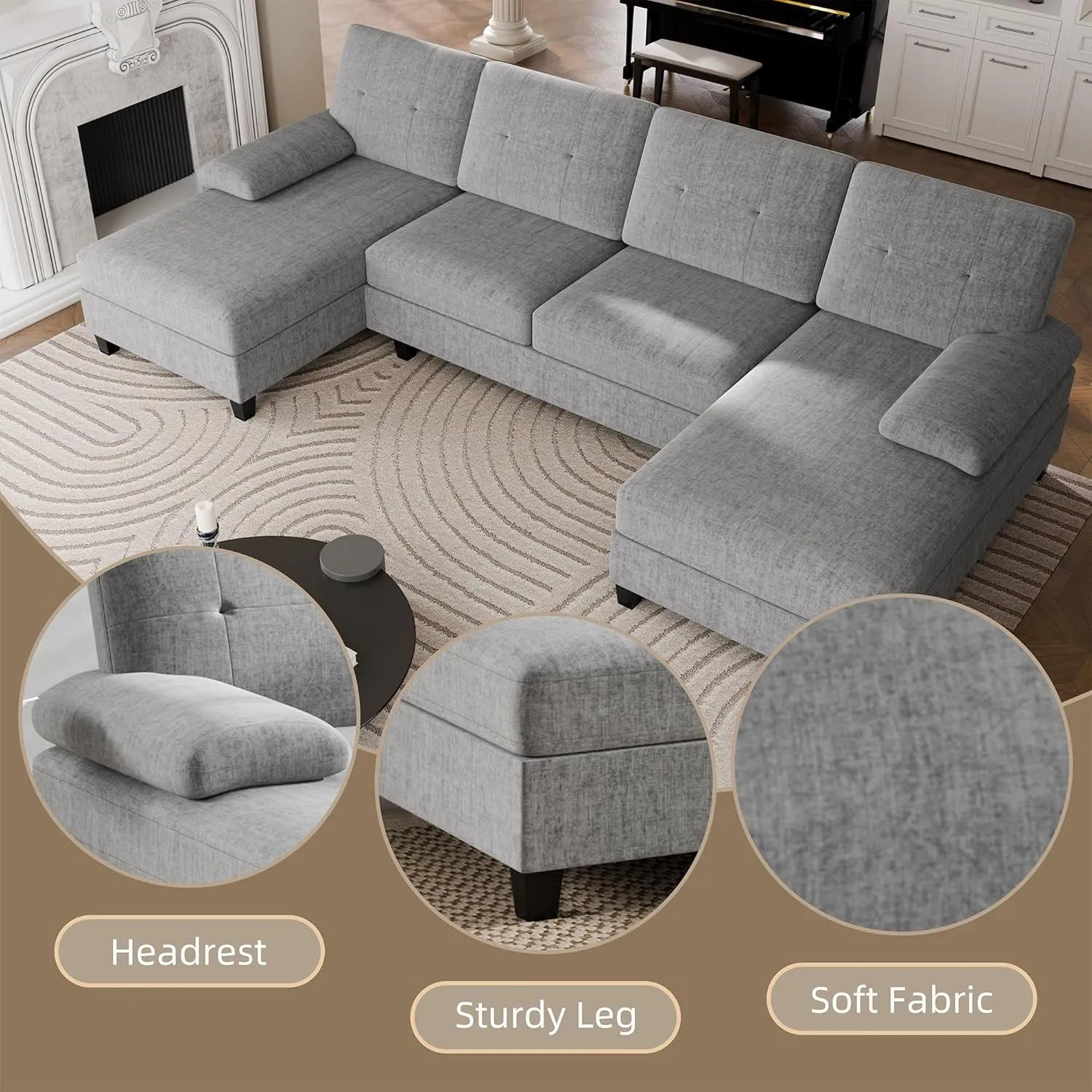Walsunny Sectional Couches for Living Room, Convertible U-Shaped Sofa Couch with Double Chaise, 4 Seat Sofa Set Modular Sectional Sofa for Living Room, Apartment, Bedroom, Grey