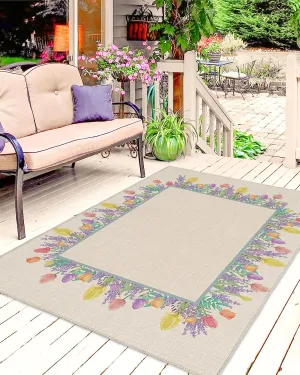Watercolor Blossoms Tulip Floral Lines Frame Outdoor Patio Rug for Deck,Picnic,Porch,Balcony 4x6ft Water Absorb Non Skid Area Rugs,Washable Camping RV Carpet Mats Retro Cotton Linen