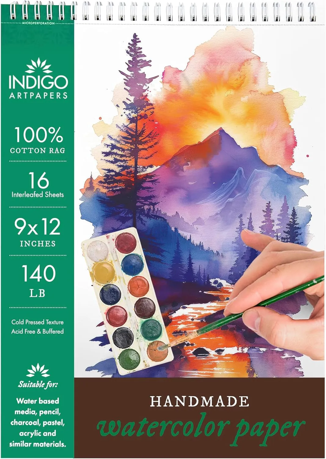 Watercolor Paper Pad, 16 Sheets, 9x12 (140lb/300g) | Handmade 100% Cotton Rag, Cold Pressed Paint Paper, Acid-Free Water Color Paper Pad, Wirebound Watercolor Sketchbook Journal
