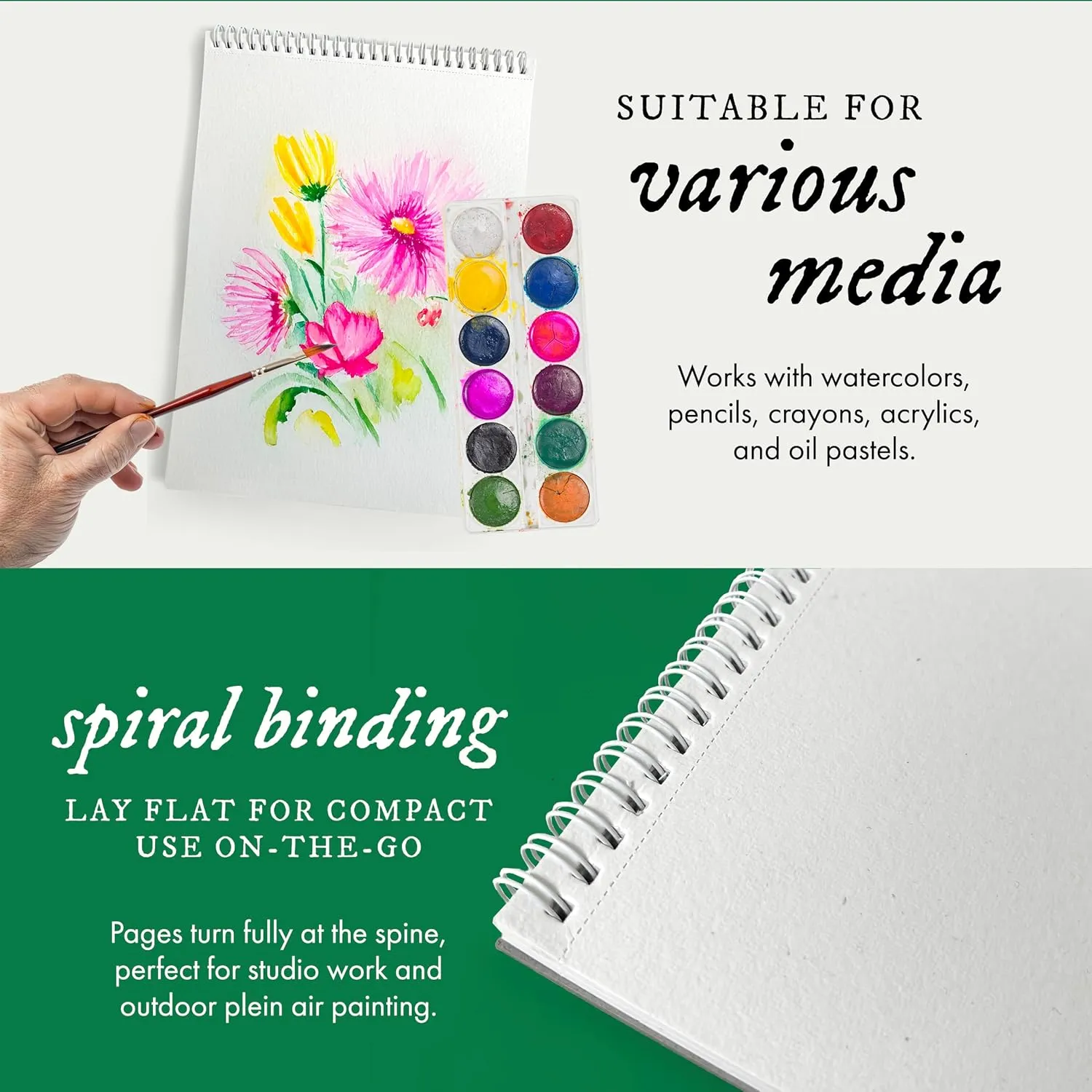 Watercolor Paper Pad, 16 Sheets, 9x12 (140lb/300g) | Handmade 100% Cotton Rag, Cold Pressed Paint Paper, Acid-Free Water Color Paper Pad, Wirebound Watercolor Sketchbook Journal