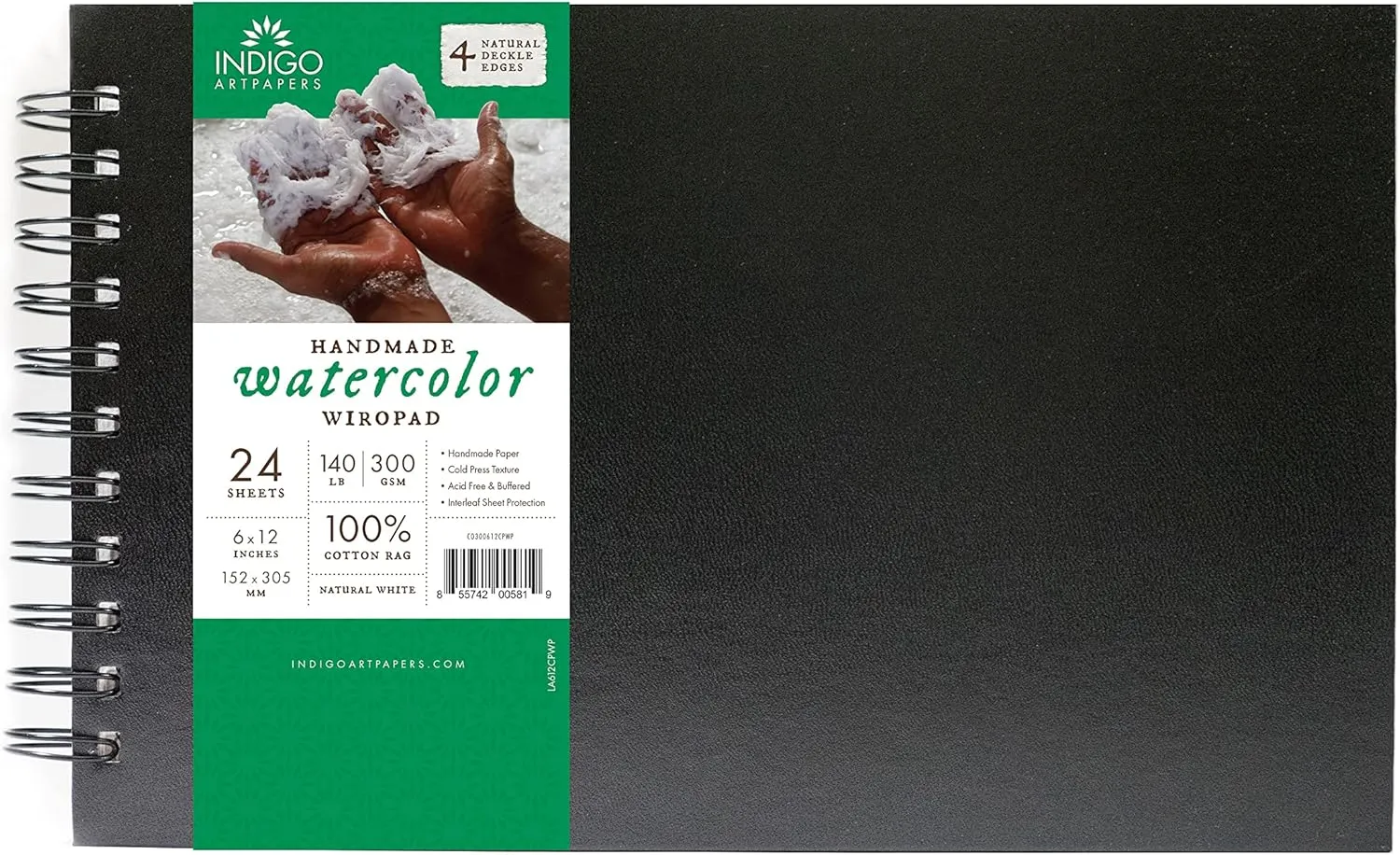 Watercolor Paper Wiropad, 24 Sheets, 6x12 (140lb/300g) | Handmade 100% Cotton Rag, Cold Pressed, Acid-Free Water Color Paper with 4 Natural Deckle Edges, Watercolor Pad Sketchbook