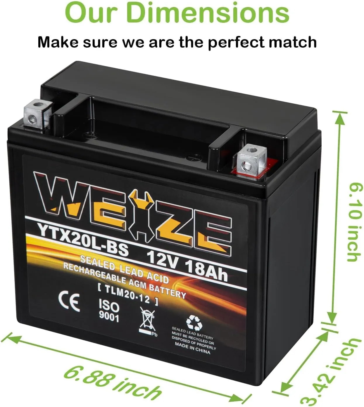 Weize YTX20L-BS High Performance Power Sports- Maintenance Free - Sealed AGM Battery ETX20L BS For Motorcycle ATV UTV snowmobile