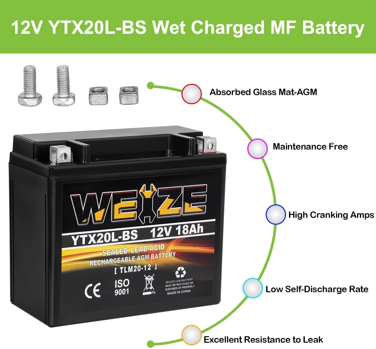 Weize YTX20L-BS High Performance Power Sports- Maintenance Free - Sealed AGM Battery ETX20L BS For Motorcycle ATV UTV snowmobile