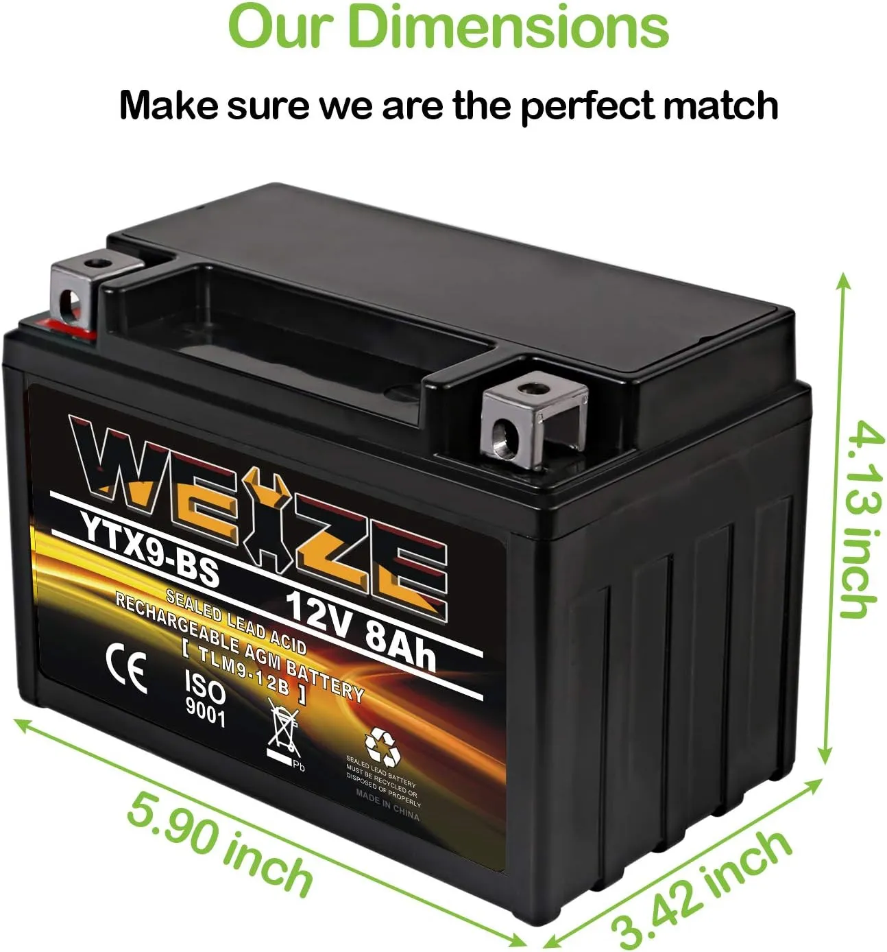 Weize YTX9-BS Maintenance Free Lead-Acid Battery For Motorcycle, ATV, Honda, Polaris, Suzuki