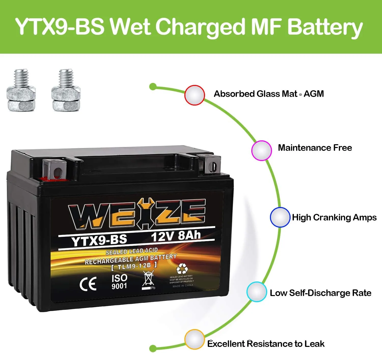 Weize YTX9-BS Maintenance Free Lead-Acid Battery For Motorcycle, ATV, Honda, Polaris, Suzuki